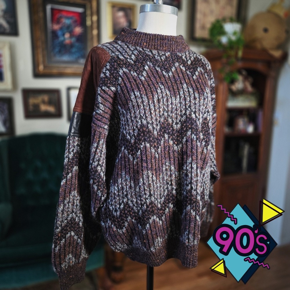 Brecos Sweater Italy Wool Mohair Alpaca Vintage 90s‎ Leather Patch Brown Mens L